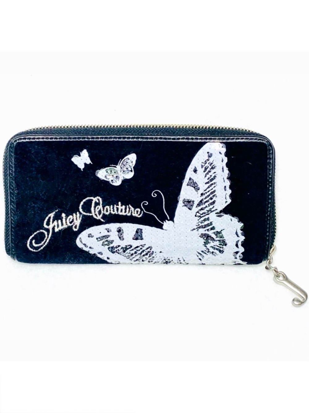 NWT Juicy Couture Black Velour Butterfly Zip Around Wallet Sequin Y2K Vintage